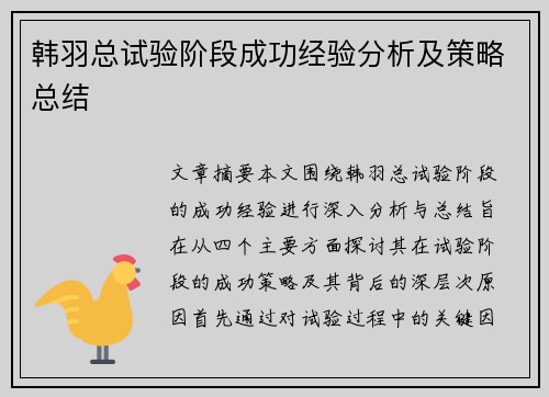 韩羽总试验阶段成功经验分析及策略总结