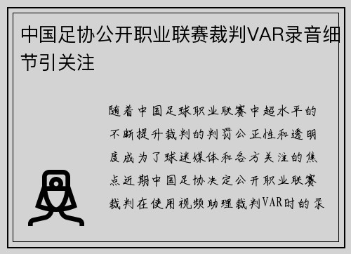 中国足协公开职业联赛裁判VAR录音细节引关注 中国足协公开职业联赛裁判VAR录音细节引关注