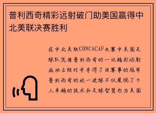 普利西奇精彩远射破门助美国赢得中北美联决赛胜利